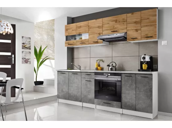 Cuisine Bigo 8 éléments - finition bas BETON haut BOIS 240 cm