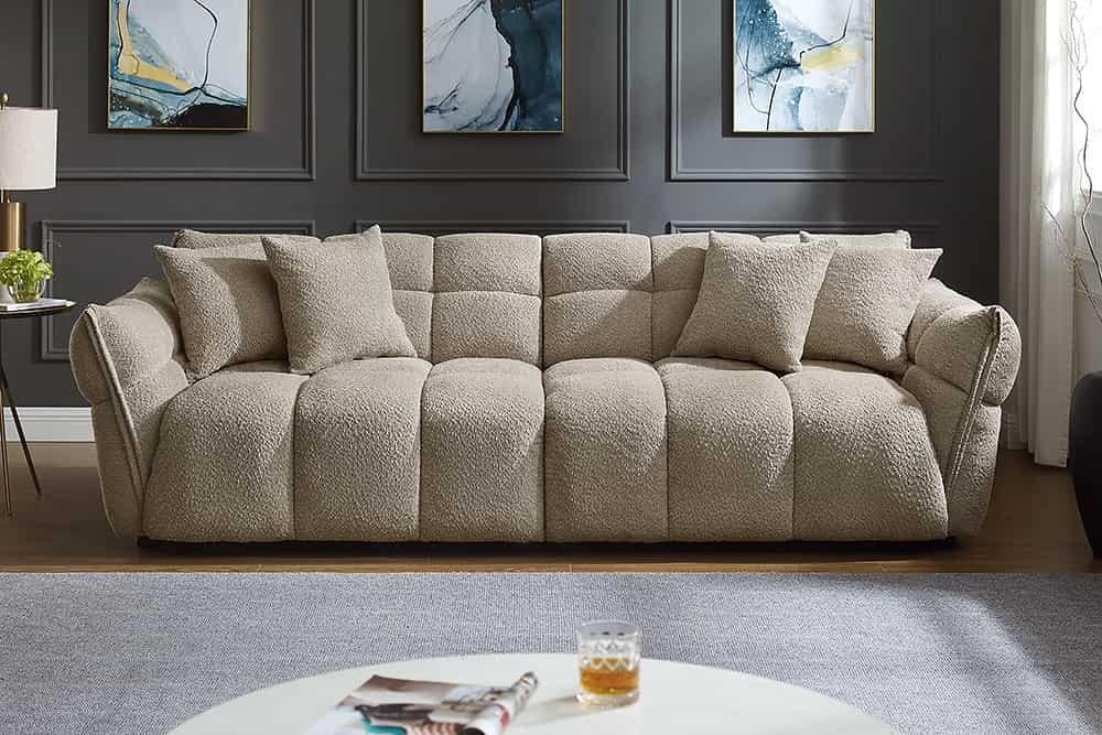 Modernes XXL Sofa CLOUD 260cm champagner greige Bouclé Bigsofa Federkern inkl. Kissen