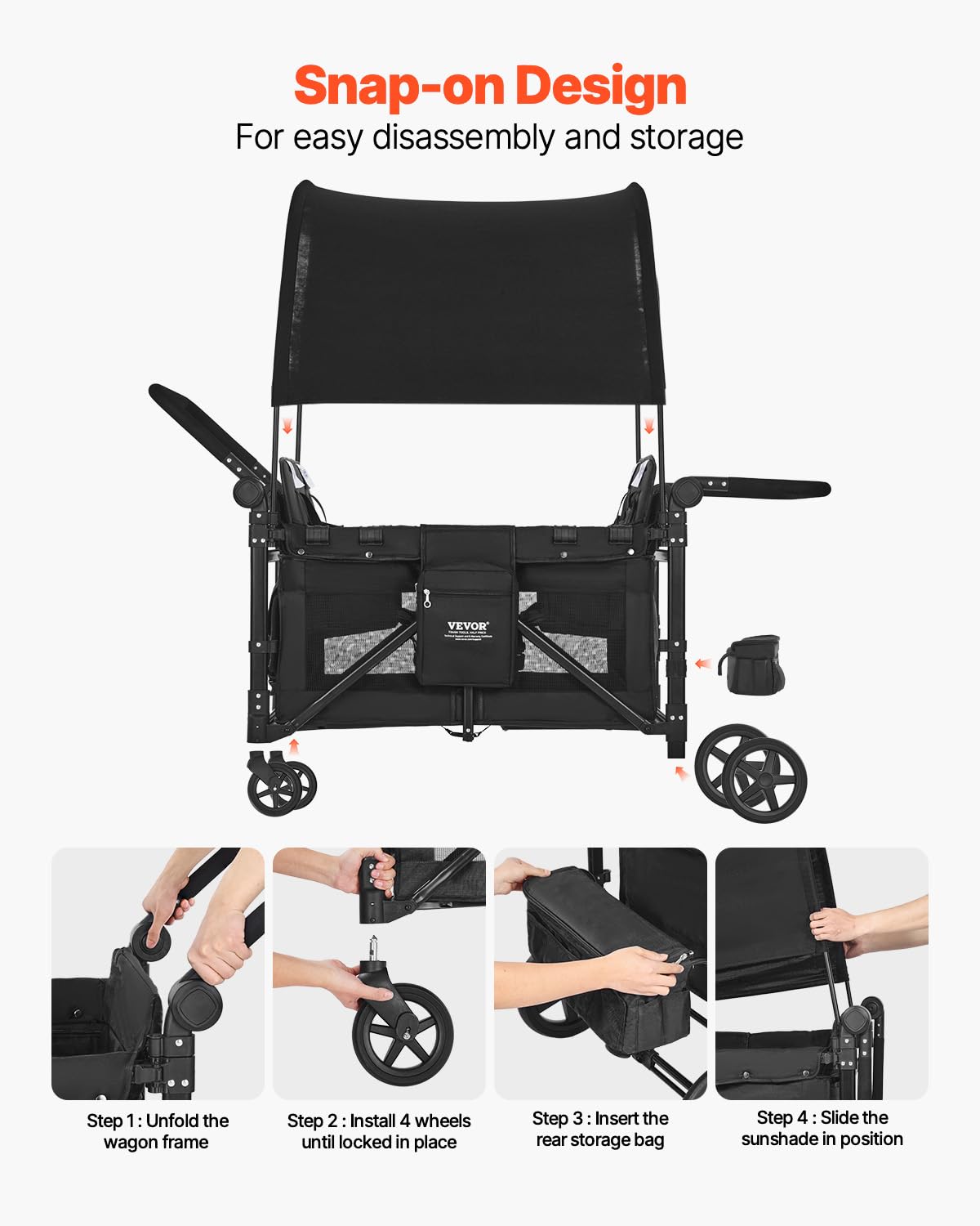 VEVOR Poussette Chariot pour 4 Enfants Pliable à Quatre Roues, Capacité de Charge 150 kg, avec Poignée Réglable, Harnais de Sécurité 5 Points, Auvent Amovible, Poussette 4 Places pour Camping, Noir