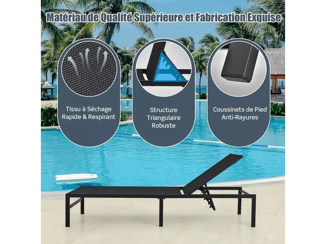 Transat Inclinable/Chaise Longue de Jardin-Dossier Réglable à 5 Positions en Acier&Tissu pour Piscine, Plage, Terrasse, 198x63,5x35cm, Charge 150 kg, Noir