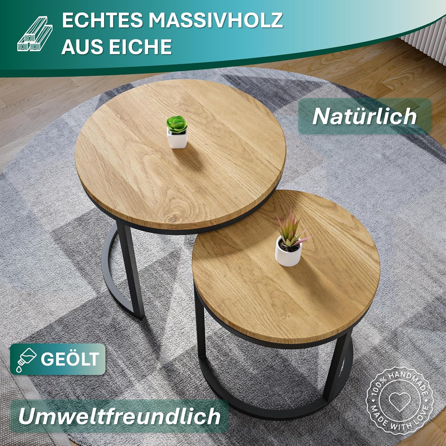 Modena, Couchtisch 2er Set aus Massivholz Eiche und Stahl, Handgefertigt in Europa, Beistelltisch, Wohnzimmertisch, Coffee Table, Schwarz, Rund, Ø50x43 cm / Ø40x38 cm