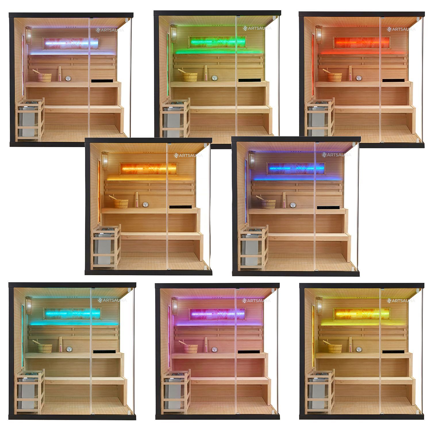 Vorbestellung: Artsauna Saunakabine Vantaa 175 mit Salzstein - Indoor Sauna für 4 Personen, 8 kW Ofen, Glasfront