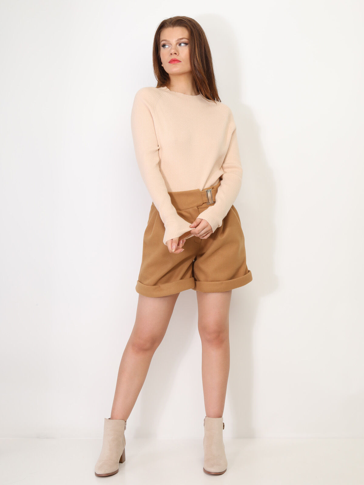 Short taille haute style paperbag- Camel