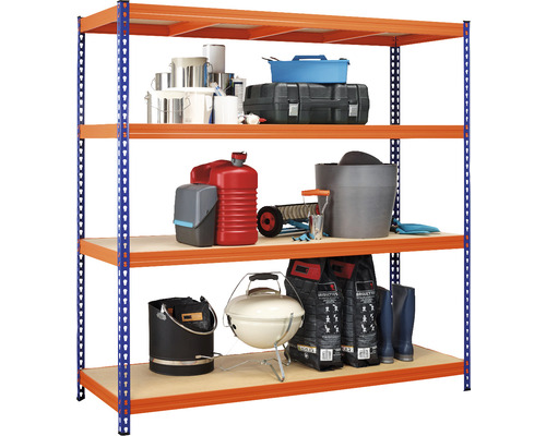 Robus 400 heavy-duty stellingkast, blauw/oranje, 180x180x60 cm, 4 houten planken, draagvermogen 1600 kg