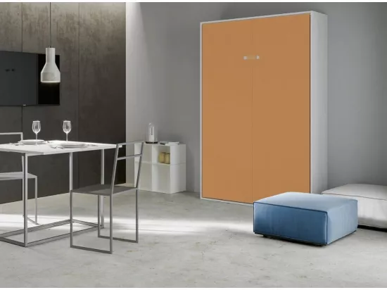 Lit escamotable vertical frêne blanc et porte orange kanto 120x190