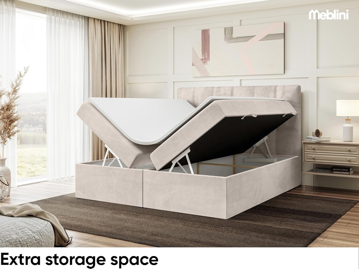 MEBLINI Boxspringbett mit Bettkasten - Gepolstert Doppelbett mit Matratze und Topper - Polsterbett mit Stauraum - Bett mit Kopfteil - Kai - 140x200 - H3/Beige Samt