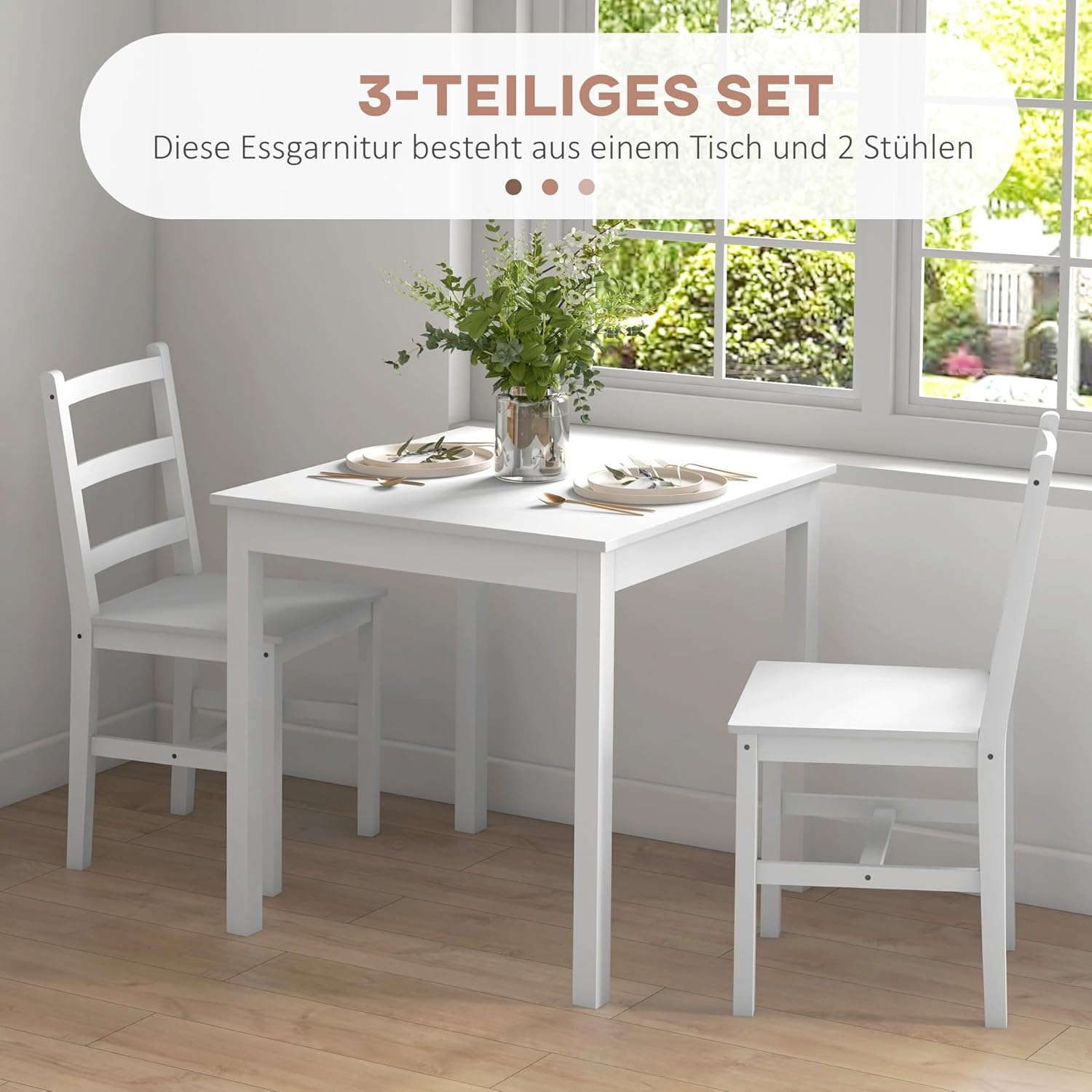 HOMCOM 3er-Set Essgruppe, Esstisch mit 2 Stühle, Esszimmergruppe für 2 Personen, Küchentisch-Set, Tischgruppe für Wohnzimmer, Küche, Platzsparend Weiß, Kiefernholz
