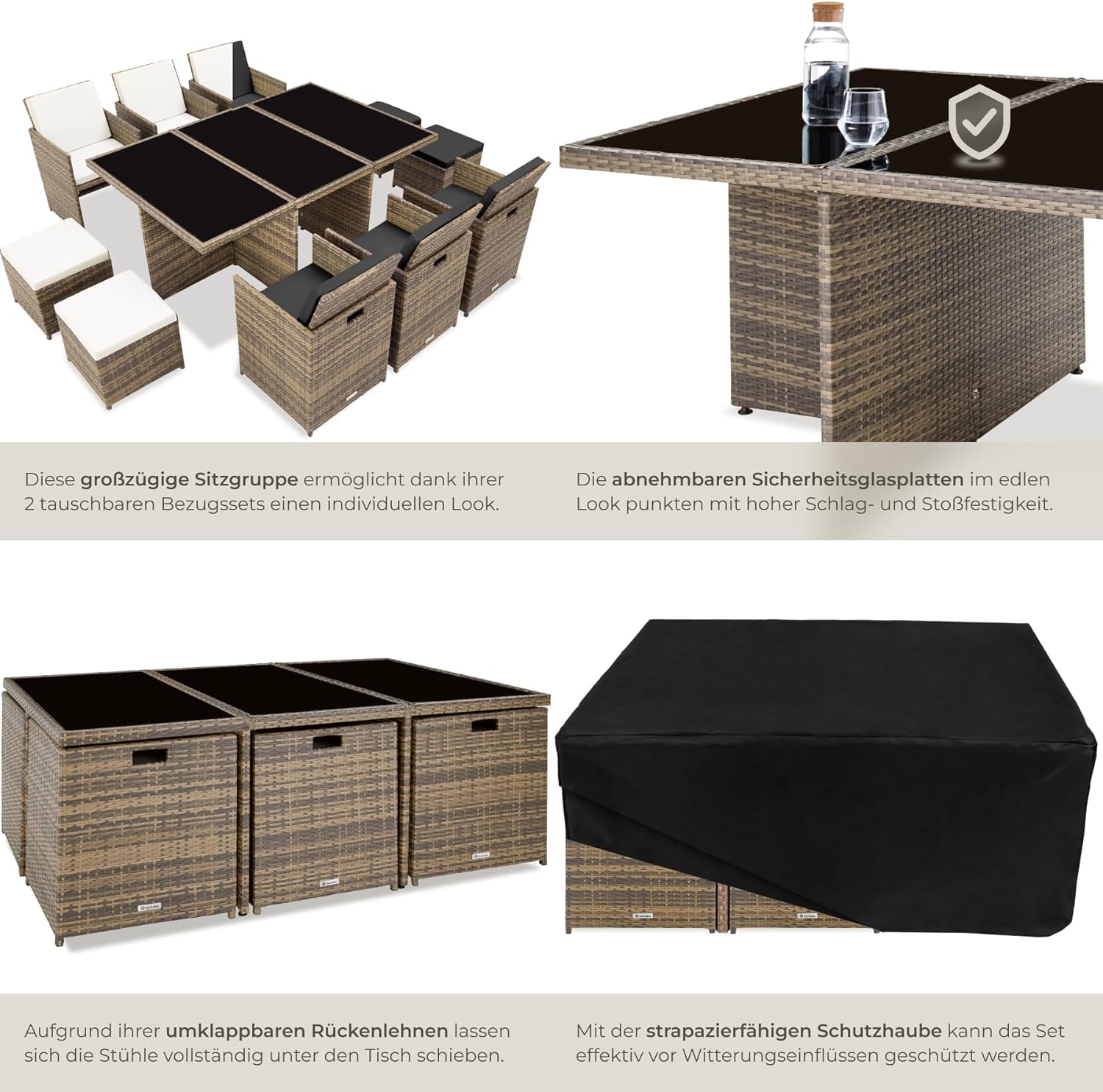 tectake Polyrattan Gartenmöbel Set, Sitzgruppe mit 6 Stühle +1 Glasplatte Tisch + 4 Hocker, Gartenlounge Set klappbar, für bis zu 10 Personen, Balkon Möbel, inkl. 2 Bezugsset - Natur