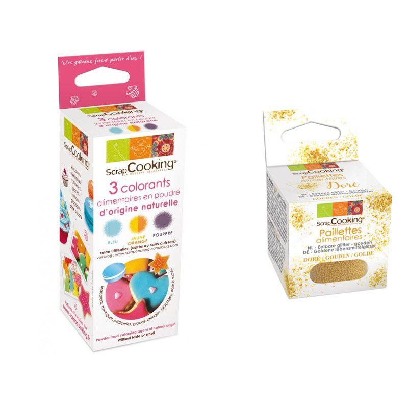 Colorants naturels pourpre-orange-bleu + paillettes dorées Scrapcookin