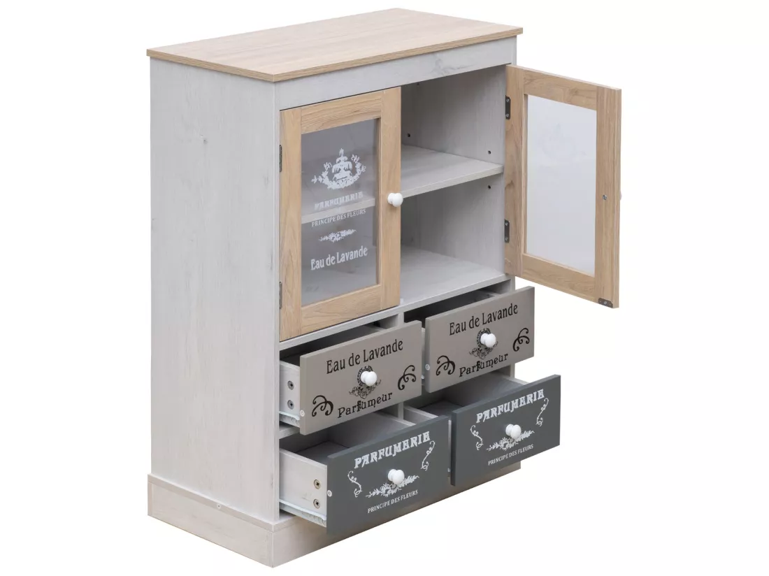 Armoire Vitrine Shabby 4 Tiroirs et 2 portes en Bois Blanc Beige Gris