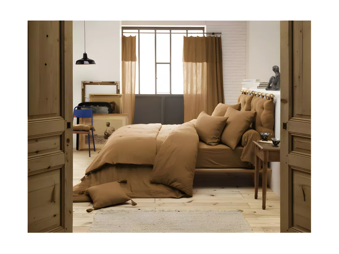 Housse de traversin L. 185 cm double gaze de coton camel - PEPA 3