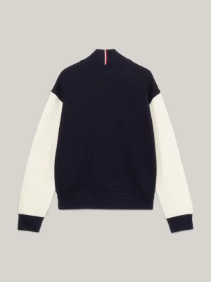 Jaqueta bomber universitária com blocos de cores