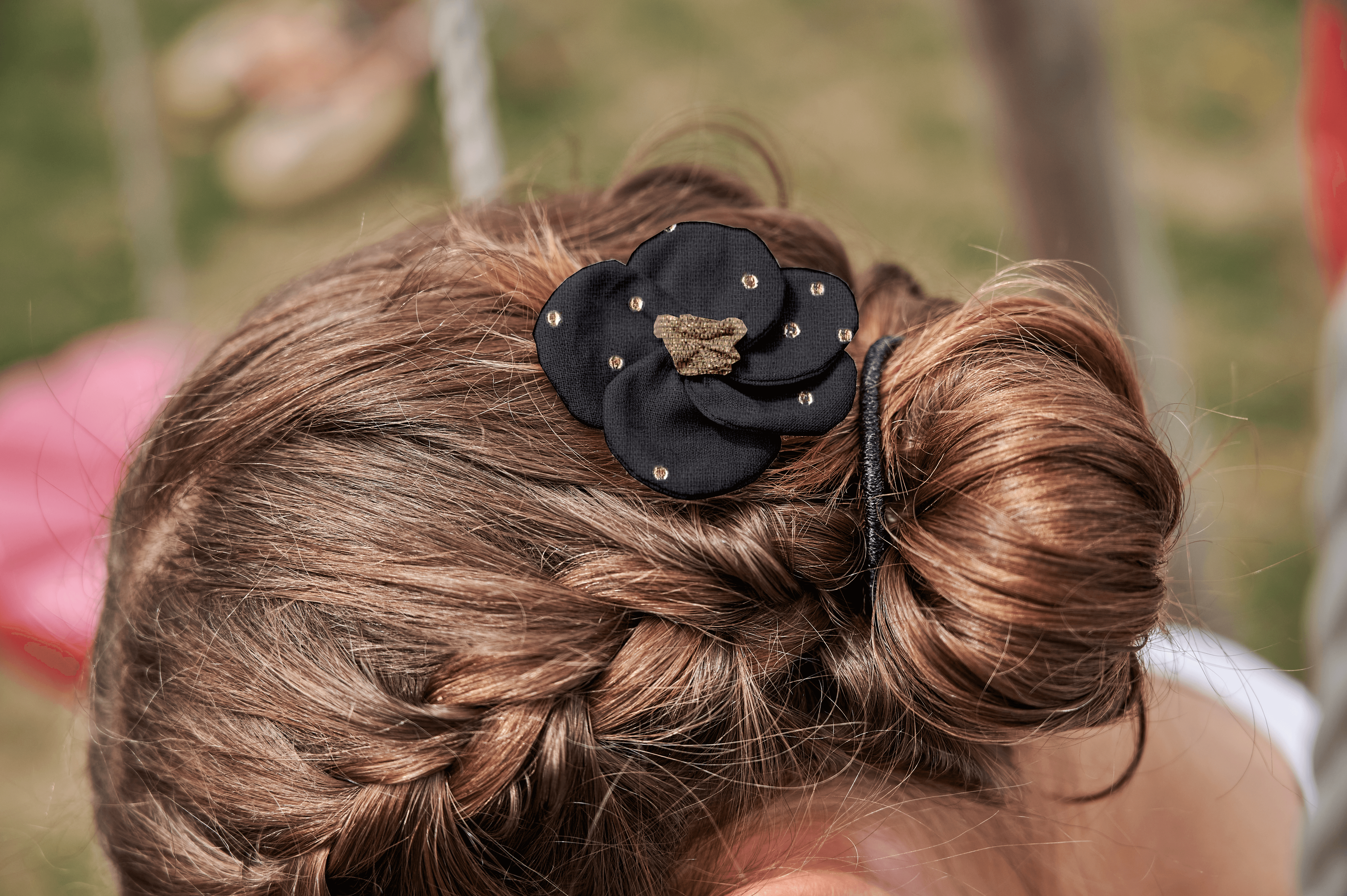 Petite Barrette Pétales De Fleur Gaze Pois Or Noir