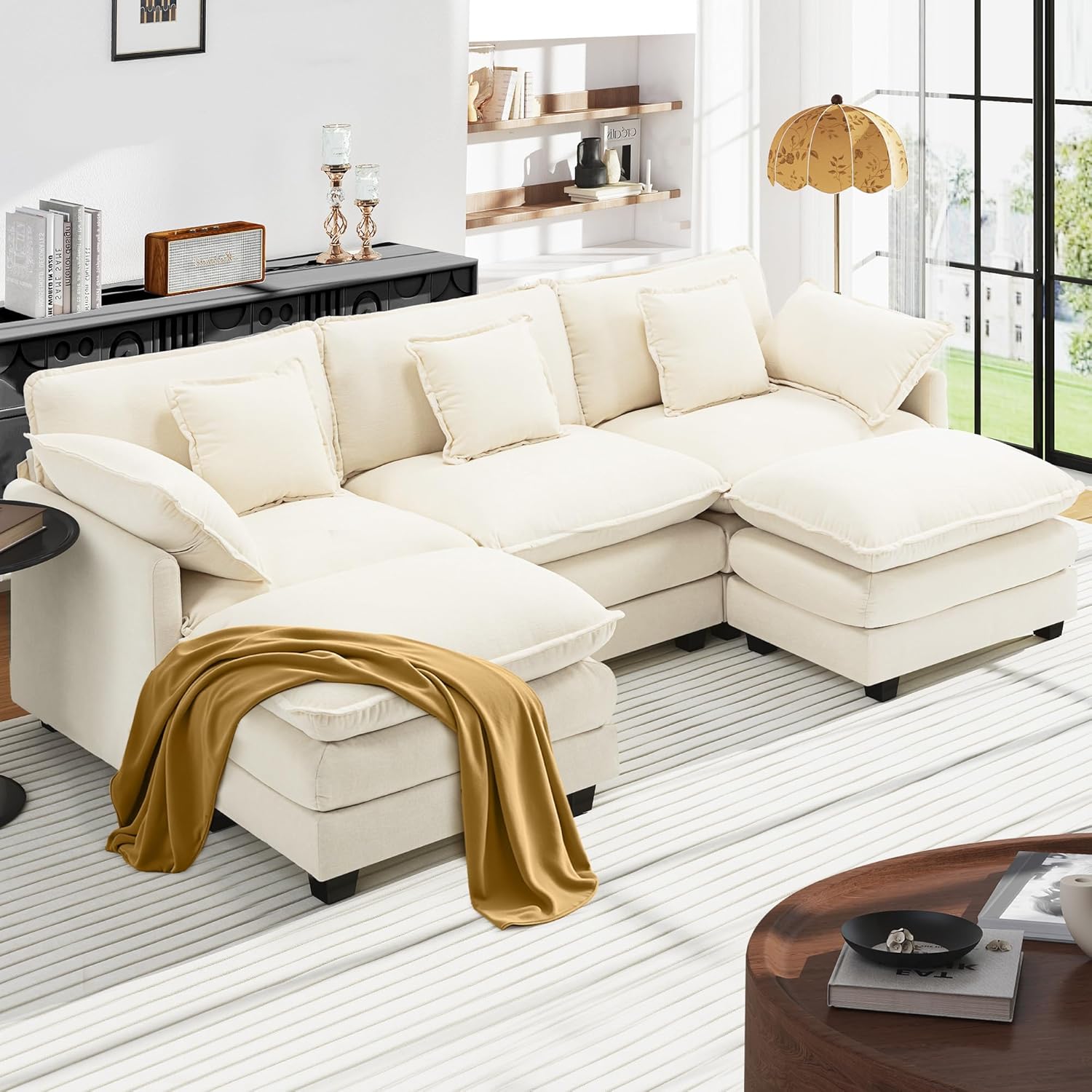U-Form Cloud Sofa, Modulares Sektionssofa 5-Sitzer mit 2 Ottomanen, Modernes Sofa mit Armlehnen/Dekokissen, Chenille-Stoff, Couch für Wohnzimmer, Beige