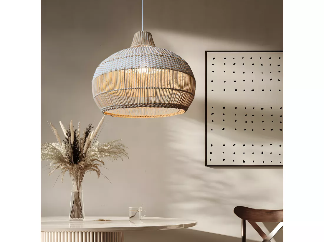 Luminaire suspension en rotin blanc d40 cm x h40 cm