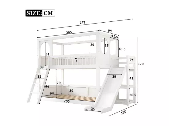 Lits pour enfants superposés 2 x 90 x 200 cm - lit cabane avec toboggan - Pin - charge max 150kg - Blanc
