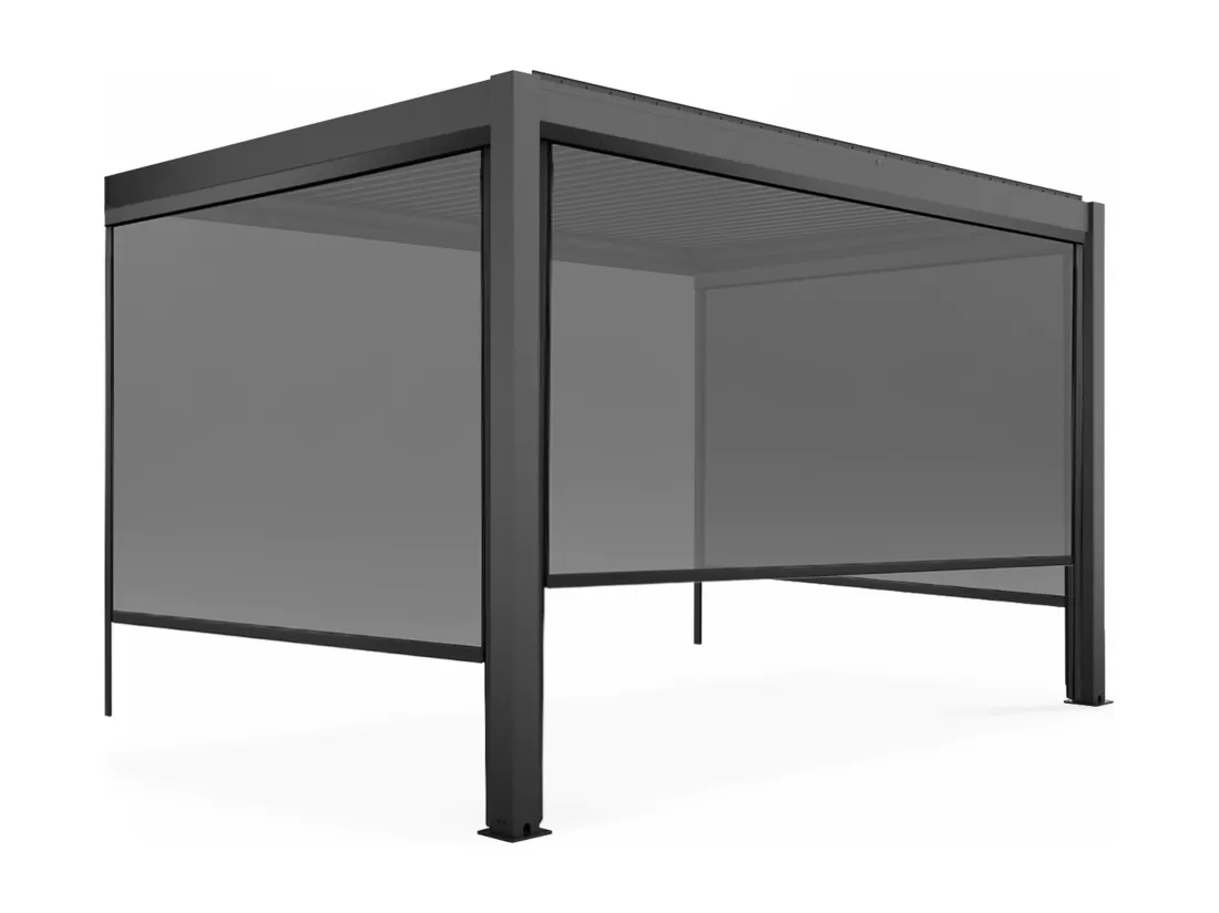 Pergola bioclimatique adossée gris 3x4m et 3 stores