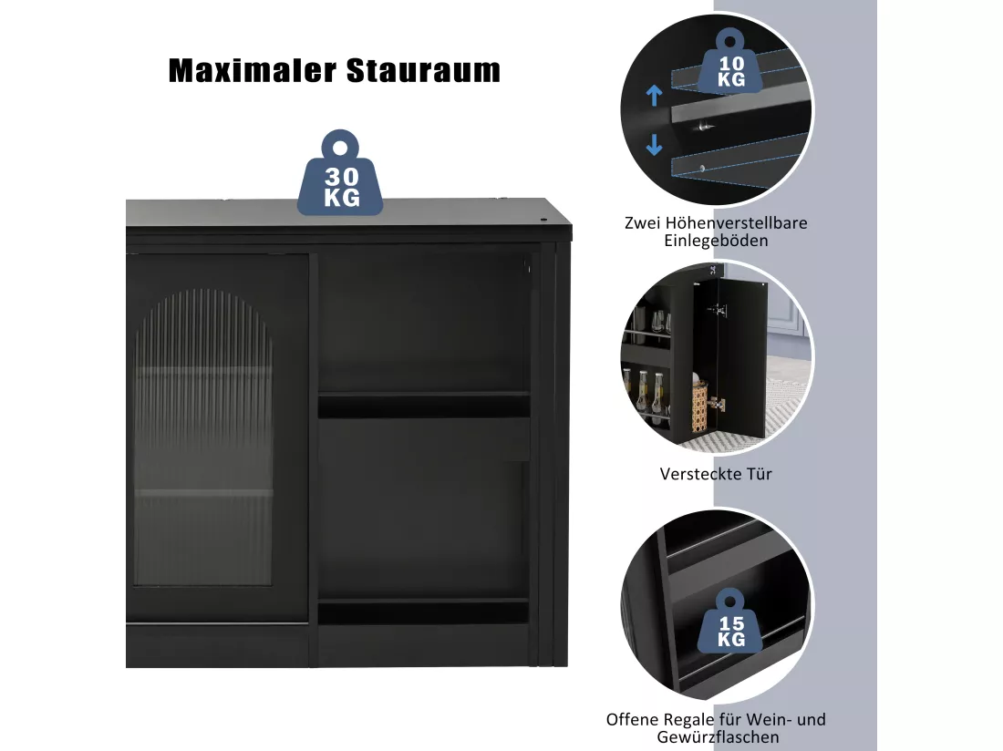 Meuble de bar extensible pivotant, table à manger - 2 portes coulissantes en verre et 2 étagères - Bois MDF - 115 x 40 x 74.5 cm - Noir
