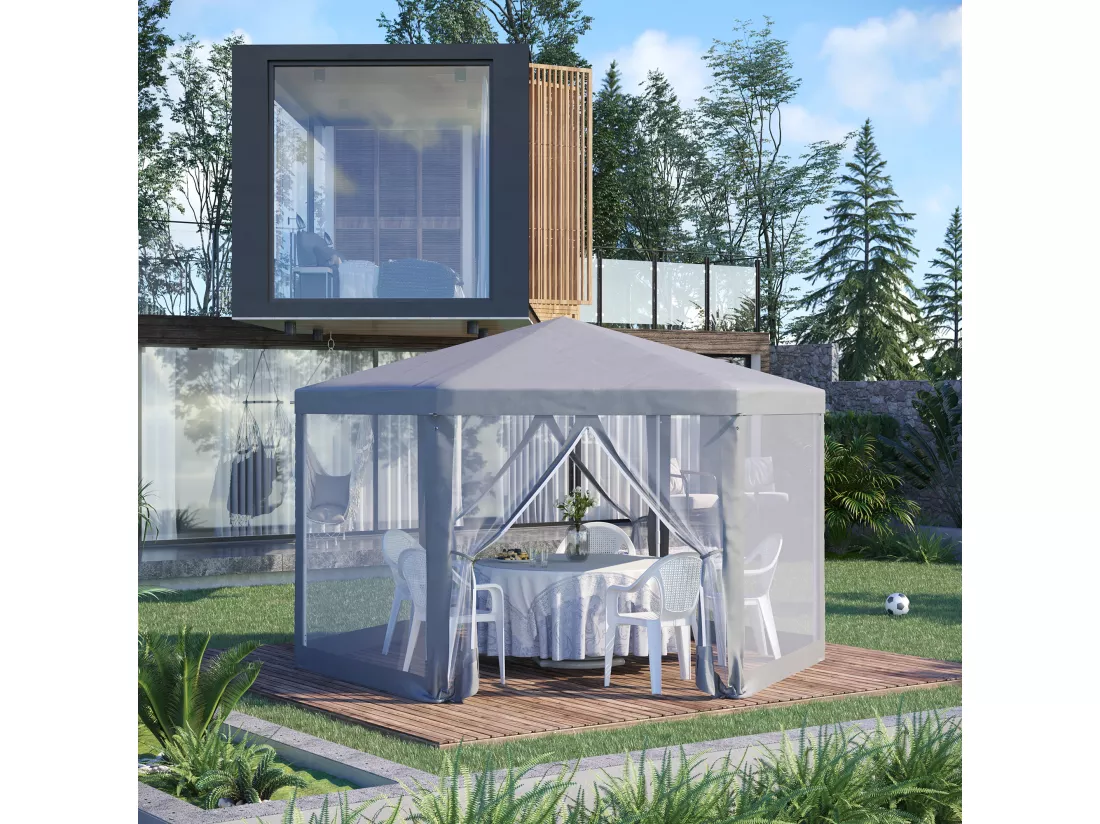 Tonnelle barnum tente de réception hexagonale style cosy métal polyester imperméabilisé surface env. 10 m² gris
