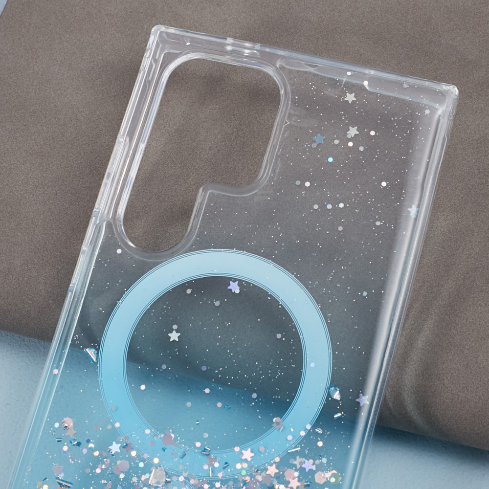 Samsung Galaxy S24 Ultra Hülle mit Acryl Rückseite und Farbverlauf im Glitzer Design MagSafe-Modul - Blau