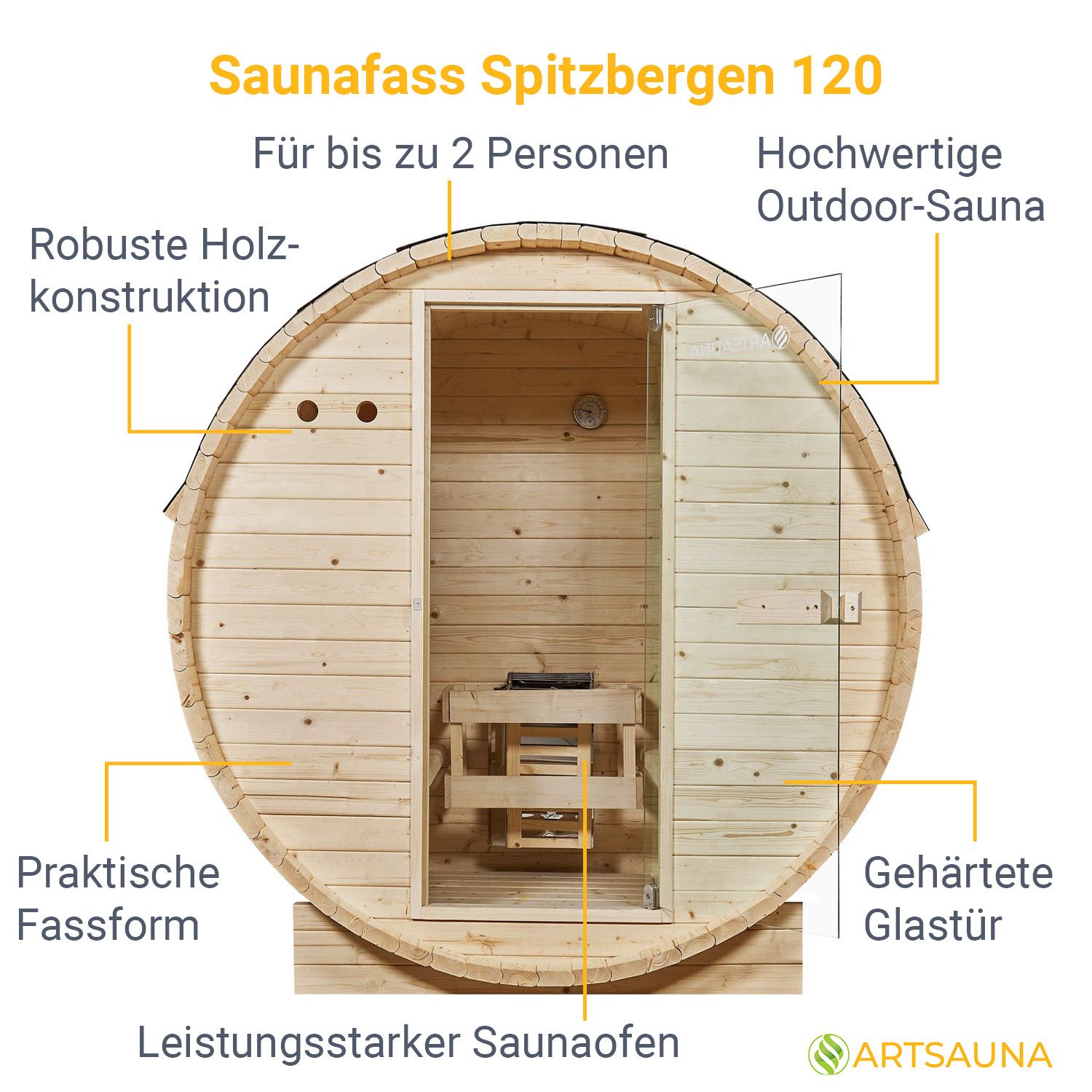 Artsauna Fasssauna Spitzbergen 120 - 2 Personen, 3,6 kW Ofen, Zubehör - Fichtenholz Sauna