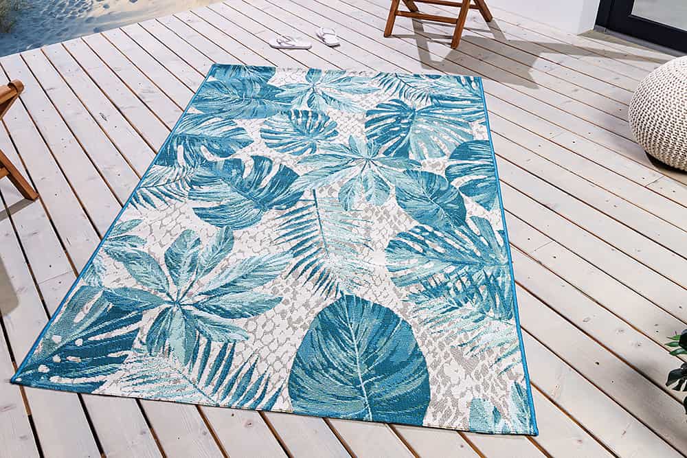 In- und Outdoor Teppich LEAF 175x120cm türkis weiß Blätter-Design Läufer wetterfest