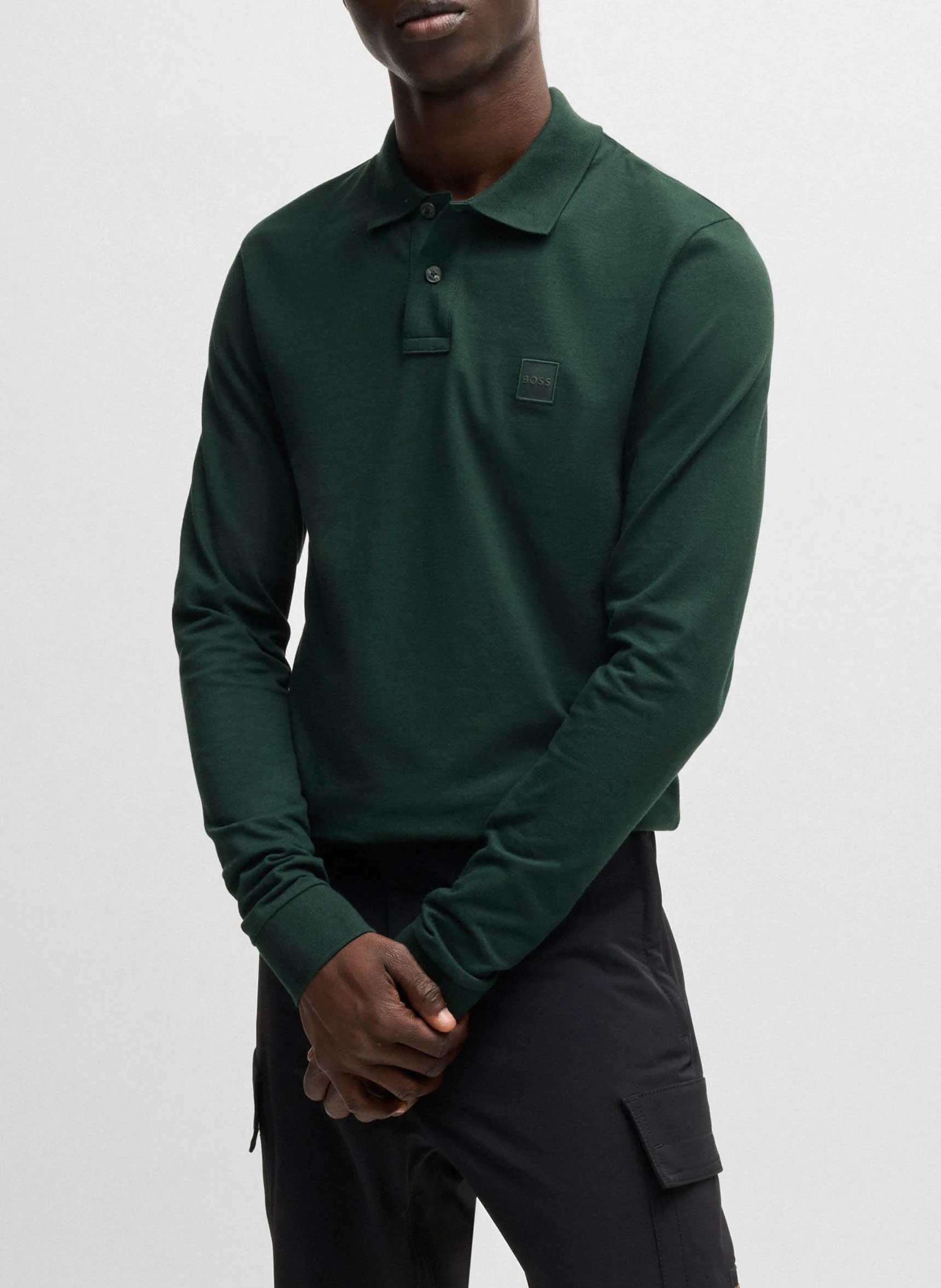 Polo à manches longues regular-fit en coton mélangé | Kaki