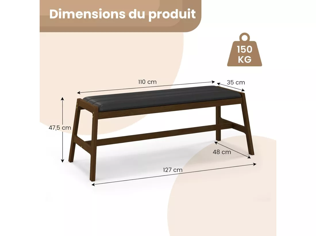 Banc d'Entrée, Bout de Lit pour Chambre en Bois d'Hévéa, Banc avec Siège Rembourré, pour l’Entrée, Chambre, Salon, Salle à Manger, Capacité 150 kg, 48 x 127 x 47,5 cm