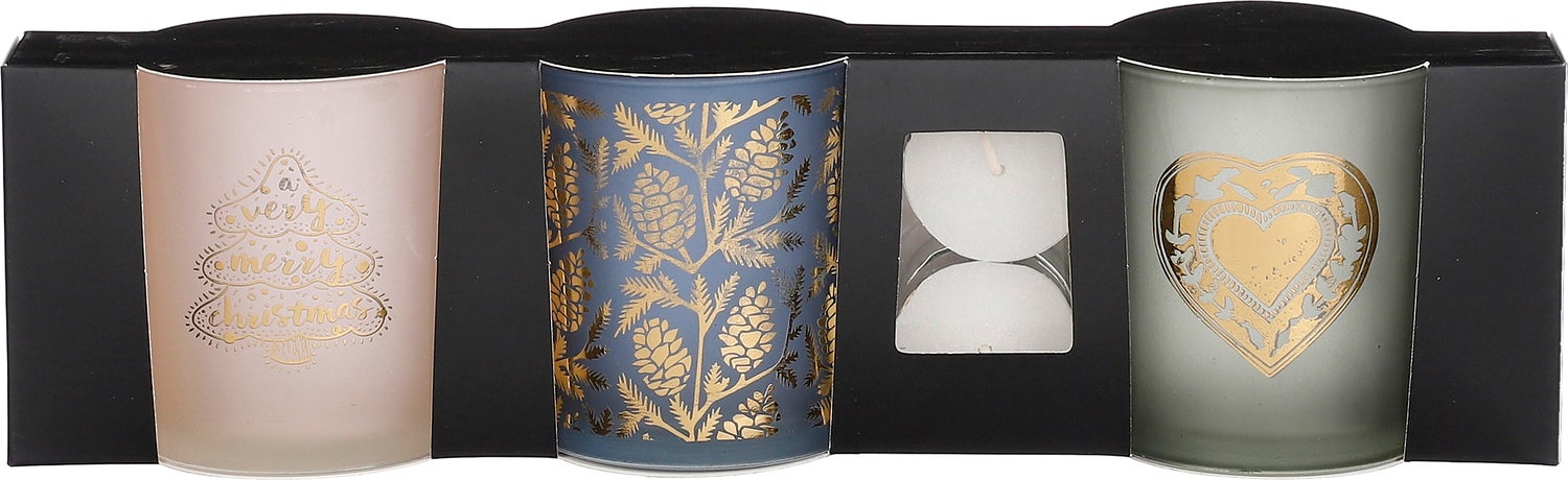 House of Seasons waxinelichthouder set wit / groen / blauw D 7 H 8 cm 3 stuks