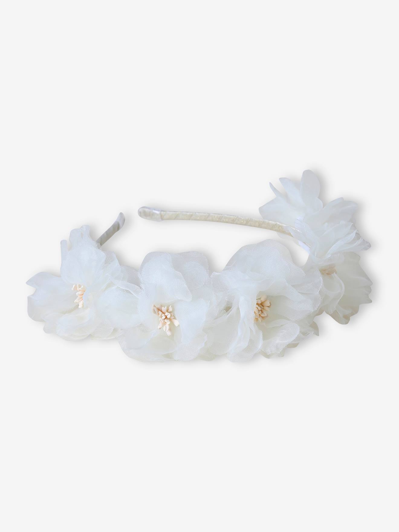 Tiara com flores brancas aplicadas em branco