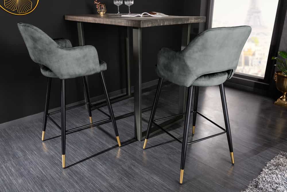 Design Barhocker PARIS grün Samt mit Lehne Metall schwarz gold Ziersteppung