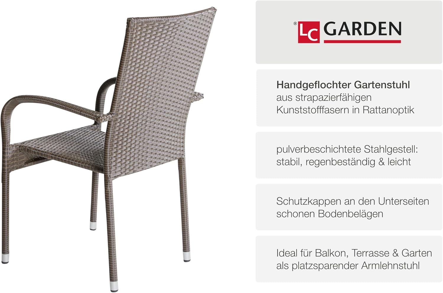 LC Garden Lübeck Stapelstühle 4er Set Braun stapelbare Gartenstühle Garten Armlehnstühle Bequeme Rückenlehne Balkonstühle Bistrostühle