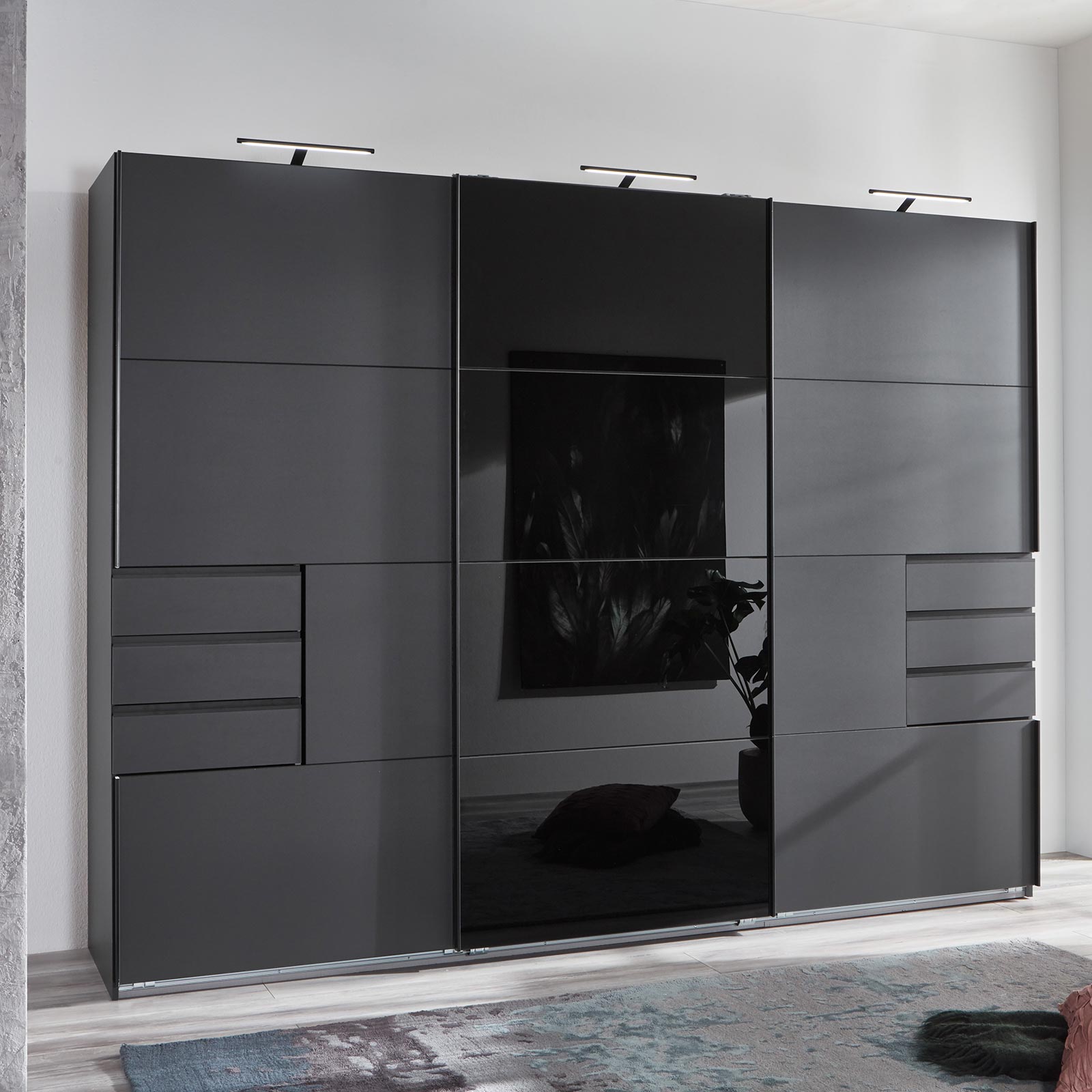 Schwebetürenschrank - graphit-schwarz - 6 Schubkästen - 270 cm