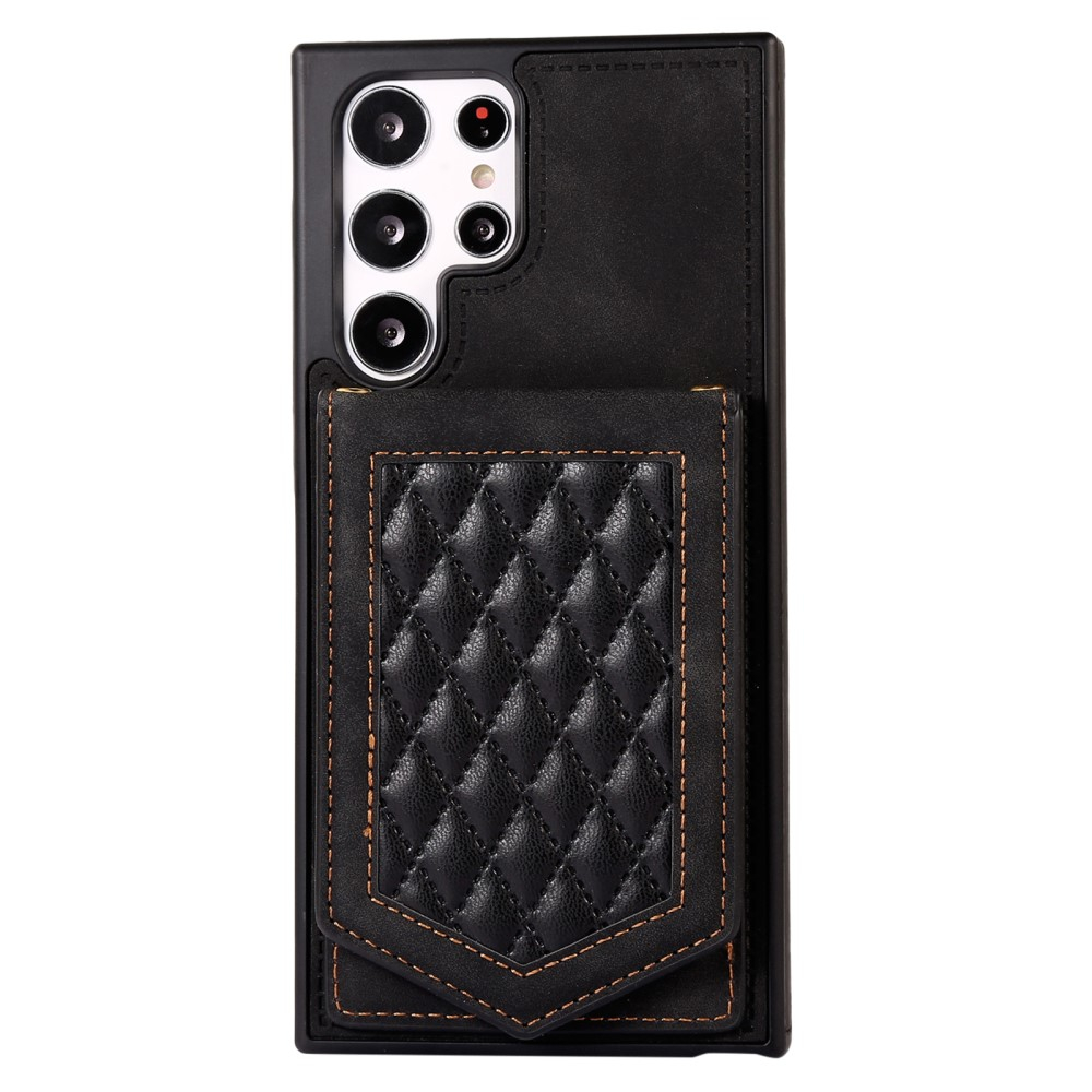 Samsung Galaxy S23 Ultra 5G Necklace Leder Hülle im Litchi Look mit Spiegel (RFID Schutz) - Schwarz