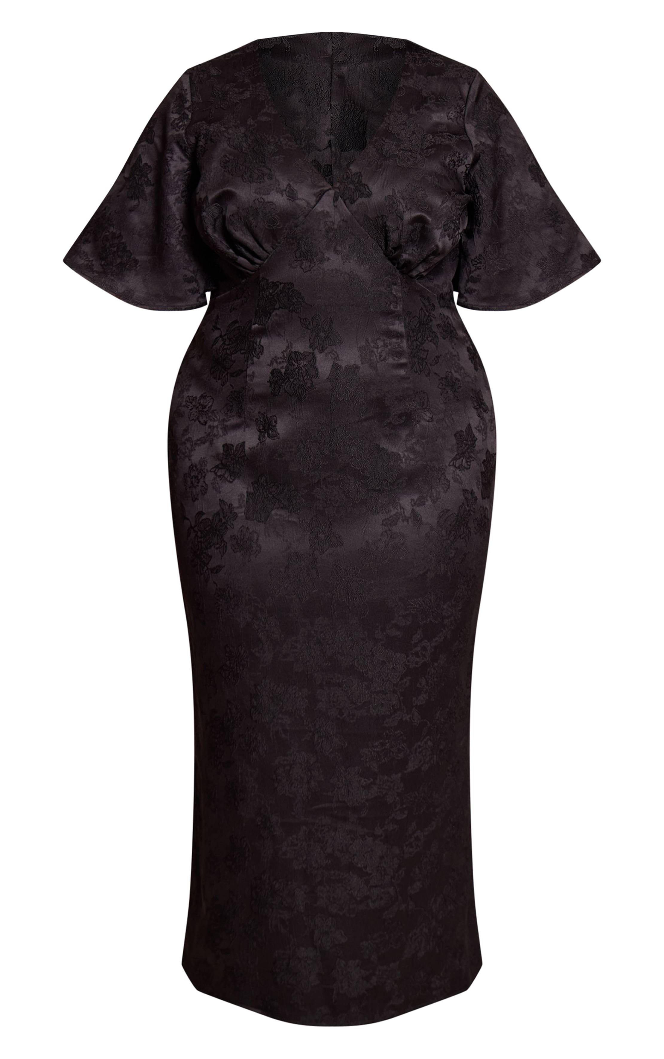Noir Robe Maxi Grande Taille À Jacquard Floral Manches Bouffantes Et Décolleté Plongeant