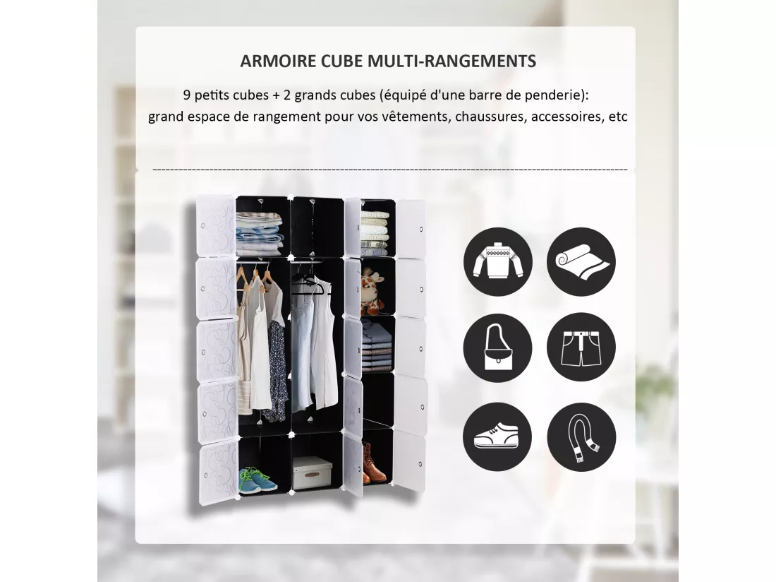 Garde robe armoire à vêtements L 111 x l 47 x H 183 cm modulable 15 cubes noir et blanc