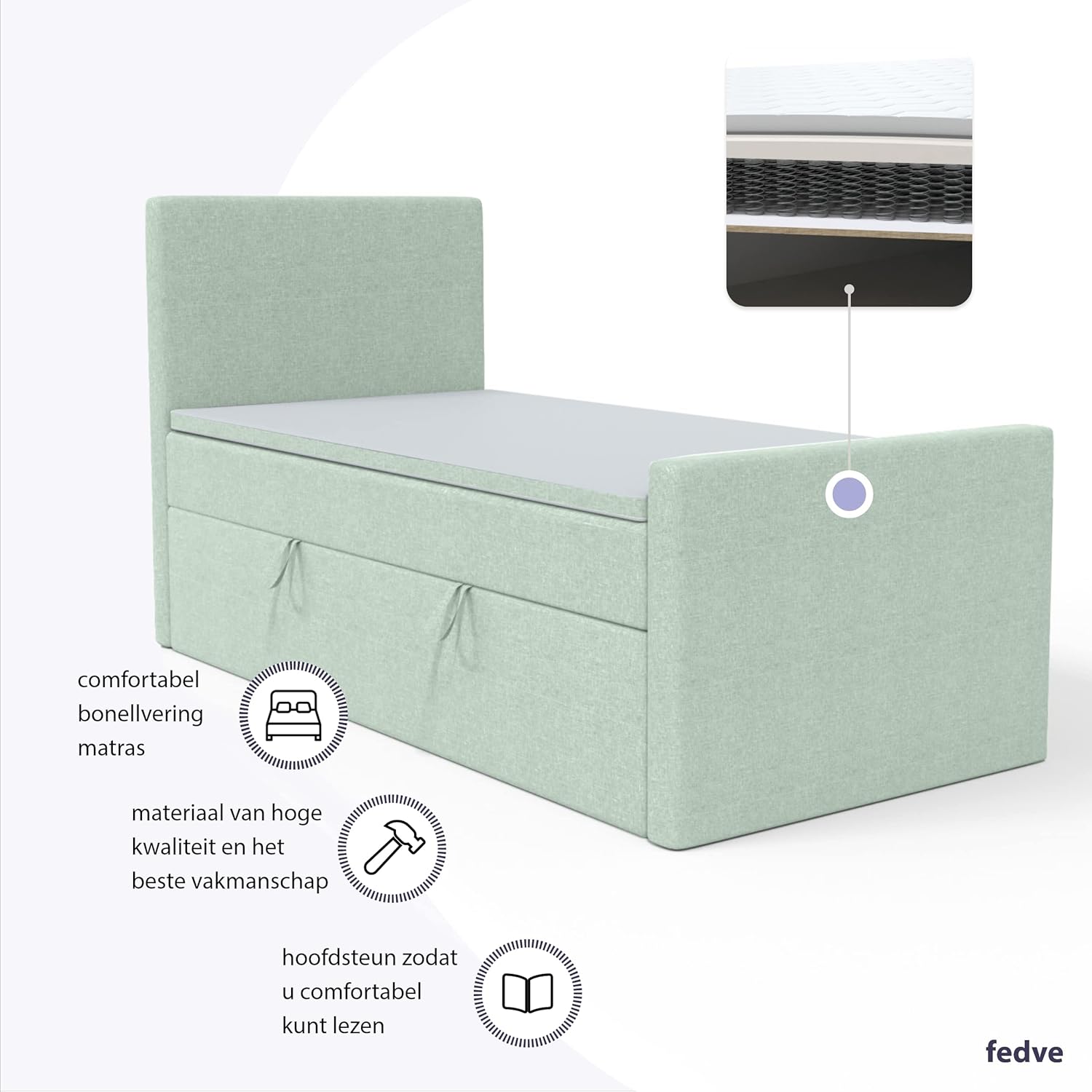 FEDVE Boxspringbett 100x200 Pastellgrün – Lautaro - Praktisches Bett mit Bettkasten – Gemütlich Einzelbett zum Schlafzimmer – Stabiles Kopfteil Bett mit Stauraum