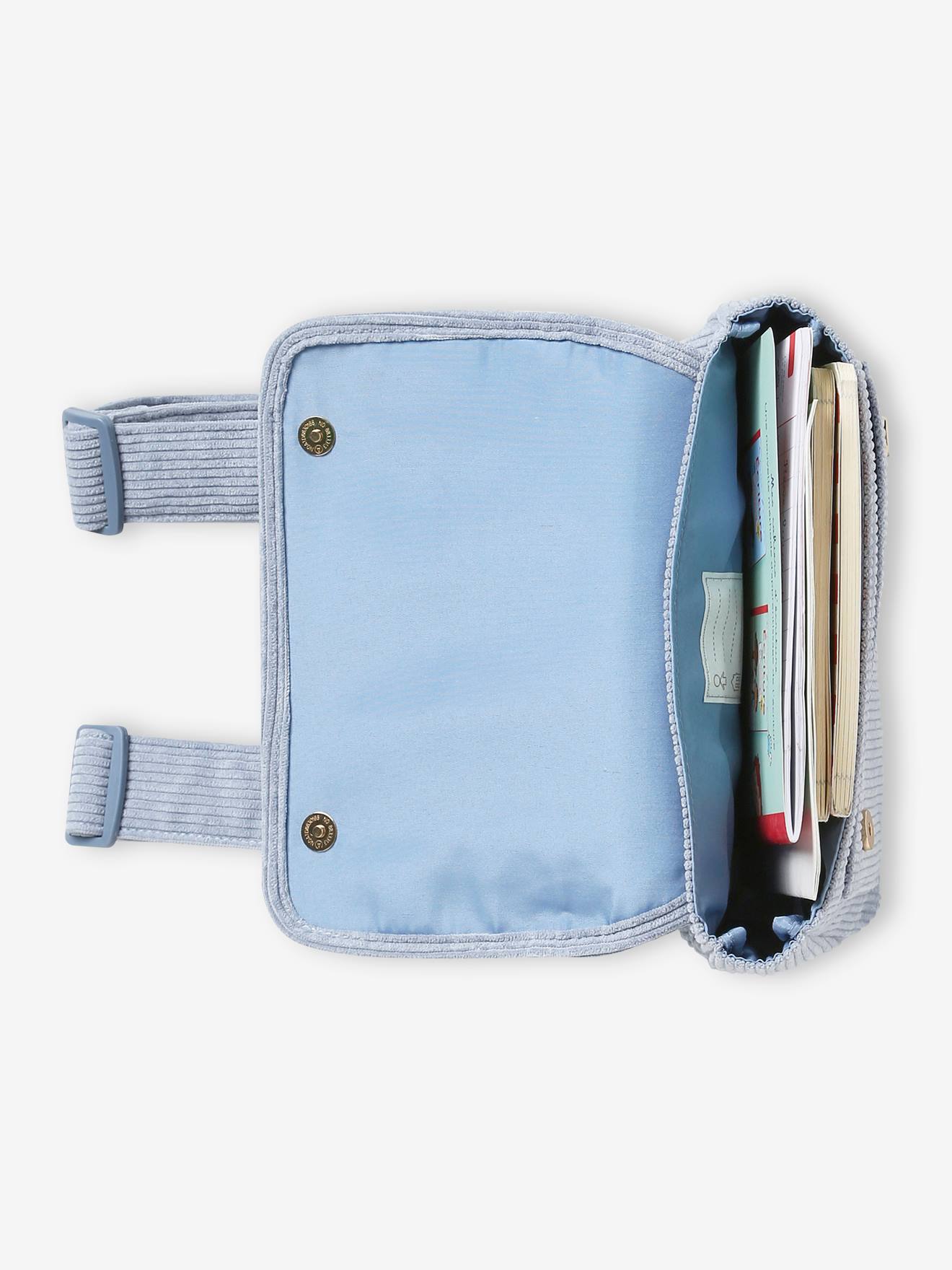 Mochila infantil de veludo cotelê azul-acinzentado para pré-escola 