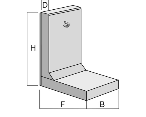 Hoeksteun van zichtbeton, inclusief bevestigingsogen, grijs, 100 cm x 10 cm x 120 cm, basisdiepte = 65 cm