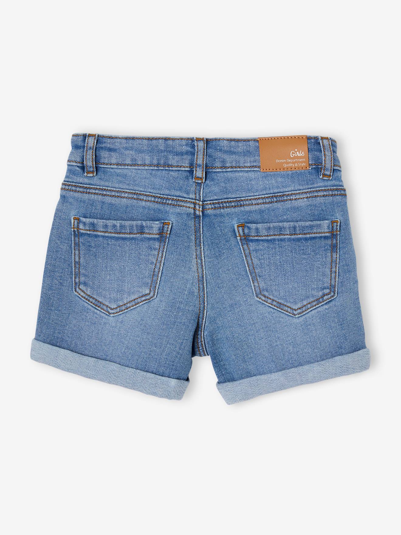 Shorts jeans bordados com laço de estampa floral, para meninas, lavagem azul escura