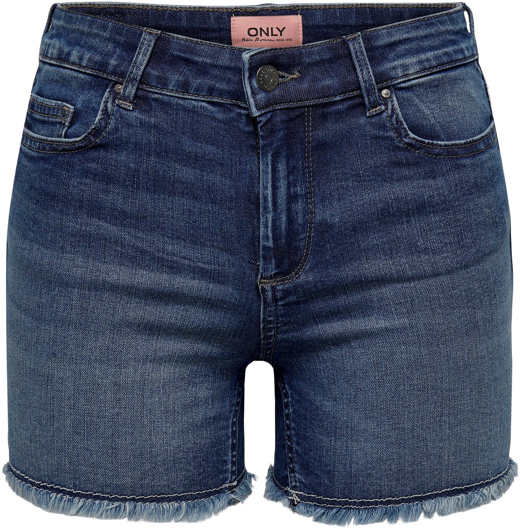ONLY Jeansshorts »ONLBLUSH – Jeansshorts mit fransigem Saum«, Abriebeffekte, modisch, skinny fit, Rundhals, regular fit