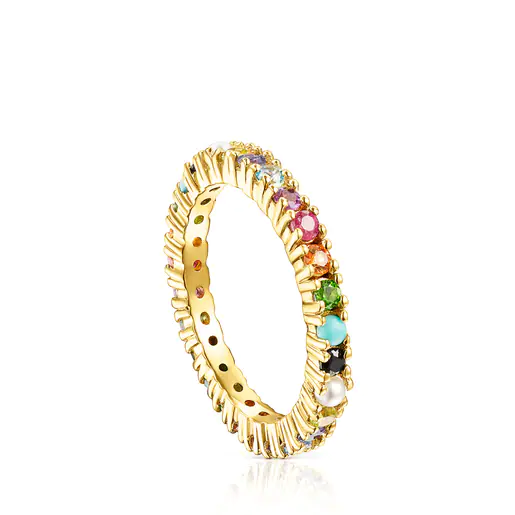 Anel com banho de ouro 18k sobre prata e pedras preciosas de cores retas.