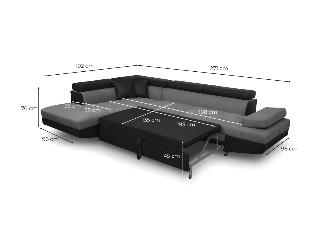 Canapé d'angle droit 5 places Rio Convertible avec coffre en microfibre et simili - Gris/Noir - L271 x P192 x H70cm - Loungitude