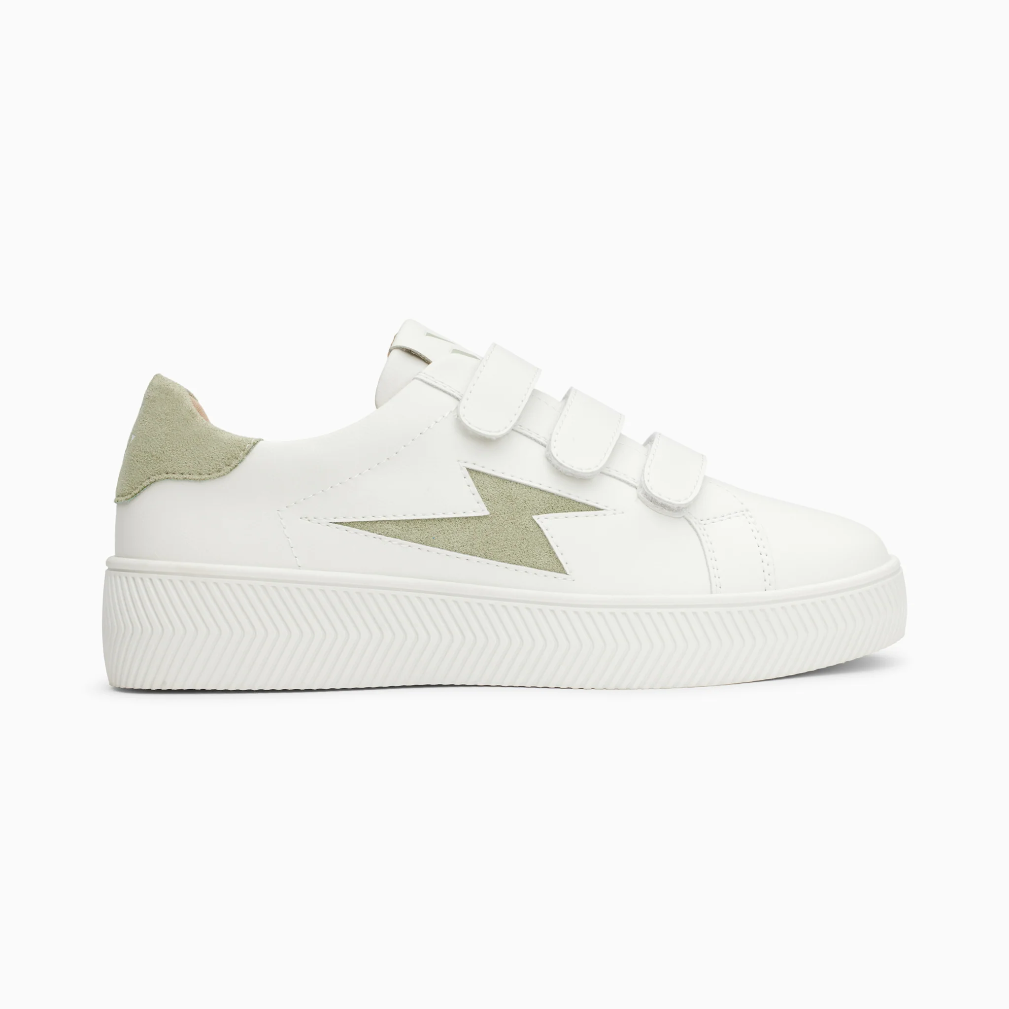 Sneakers-Baskets éclair Camelia blanc et vert amande à scratchs