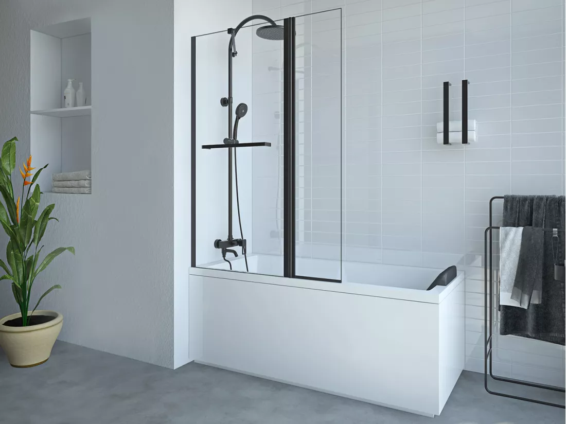 Pare baignoire avec porte-serviette et retour pivotant noir mat - (70 + 30) x 140 cm - PRIMAEL