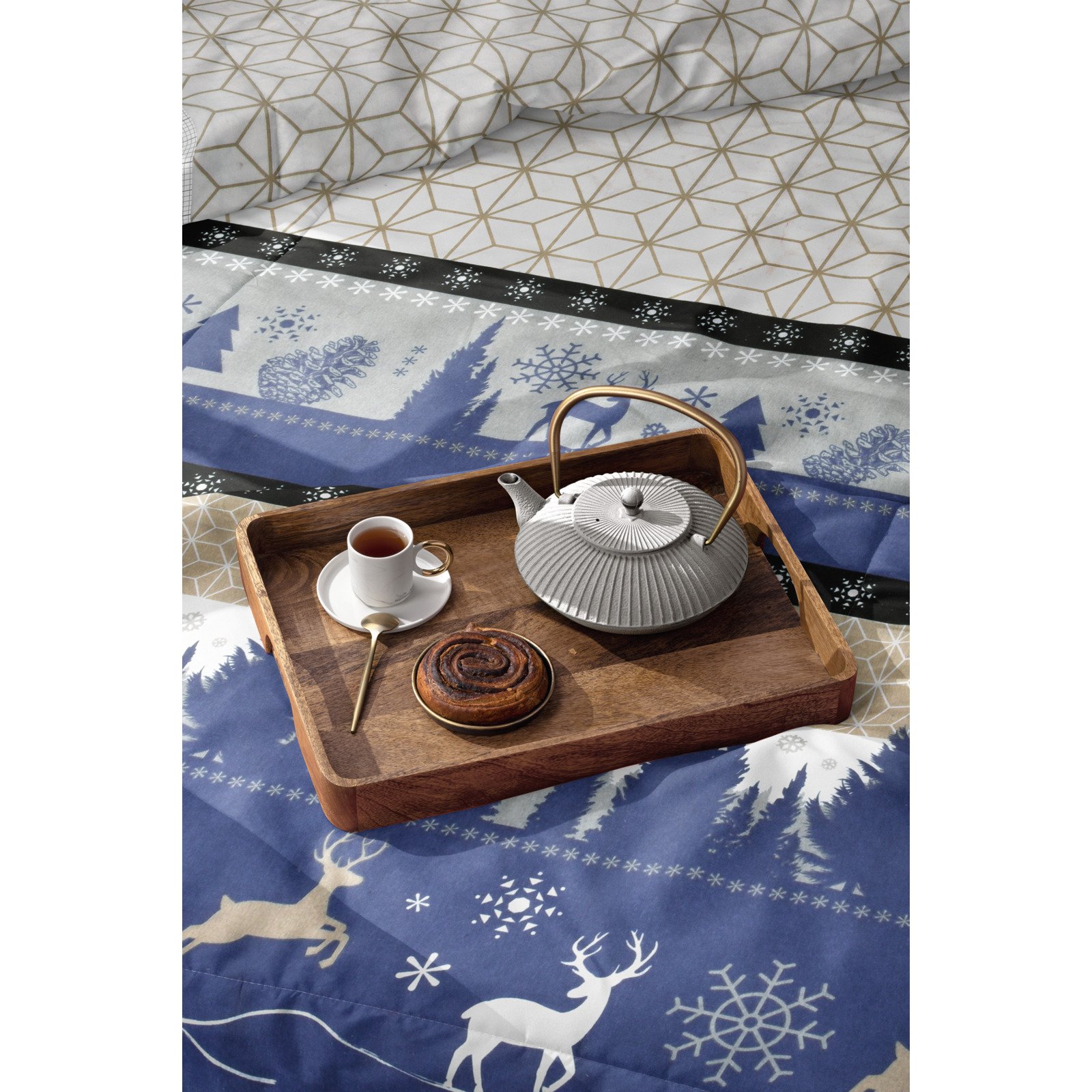 Bettwäsche Flanell Winter Wunderland blau 160x210 65x100 Bettanzug Nord