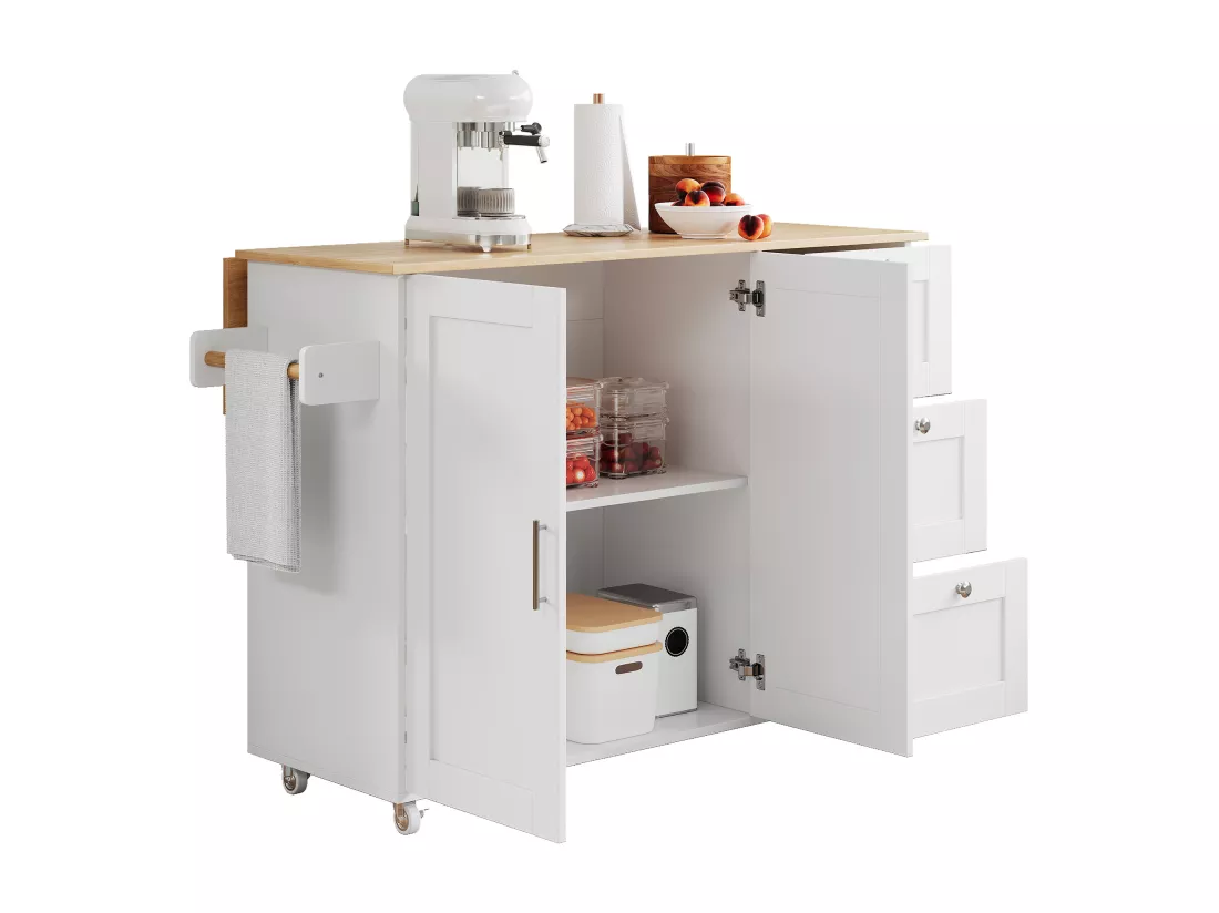 Ilot central de cuisine mobile avec 2 portes et 3 tiroirs - Plateau extensible - 135x44(70)x90 cm - Bois MDF - Blanc et naturel
