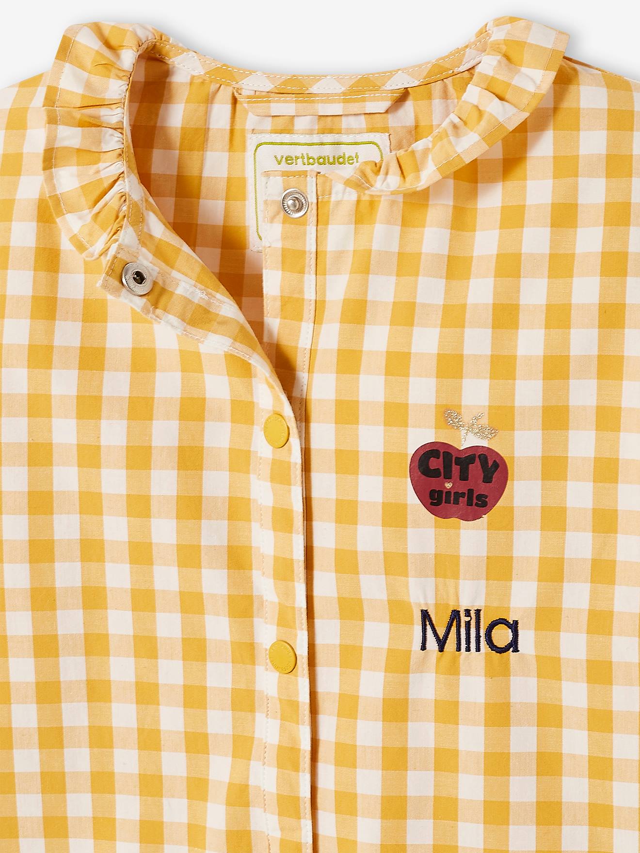Conjunto xadrez vichy personalizável para bebê menina, tamanho médio, xadrez amarelo.