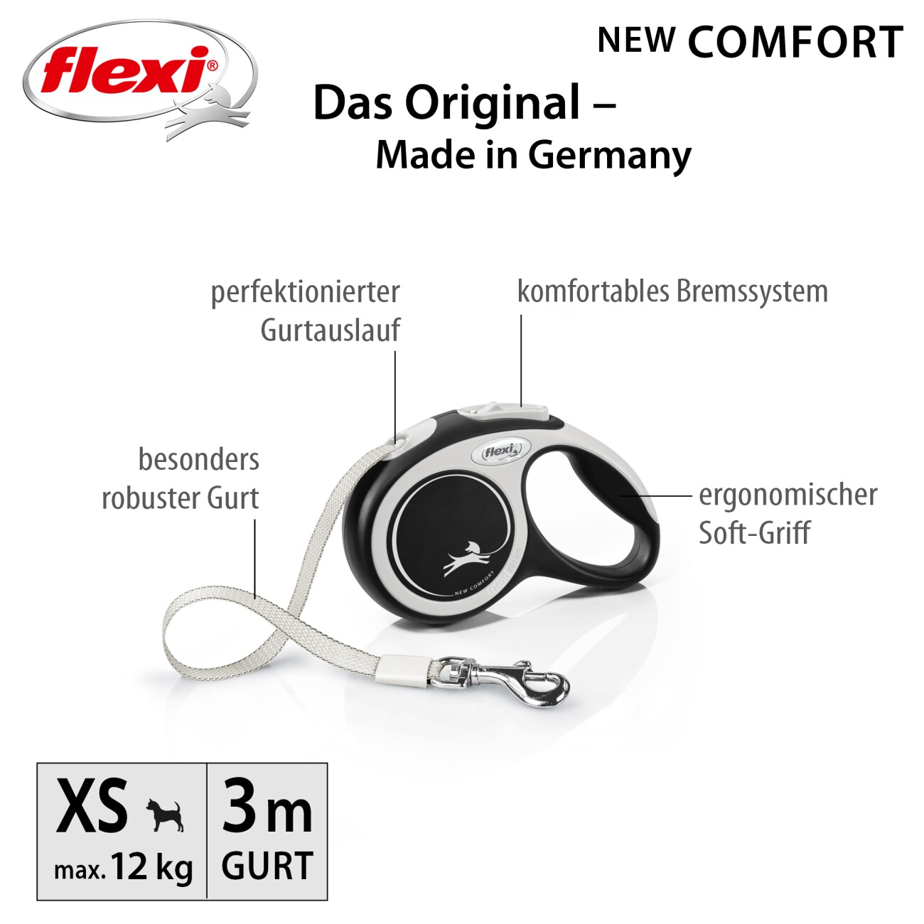 Flexi New Comfort Gurt schwarz XS, 3 m, 12 kg