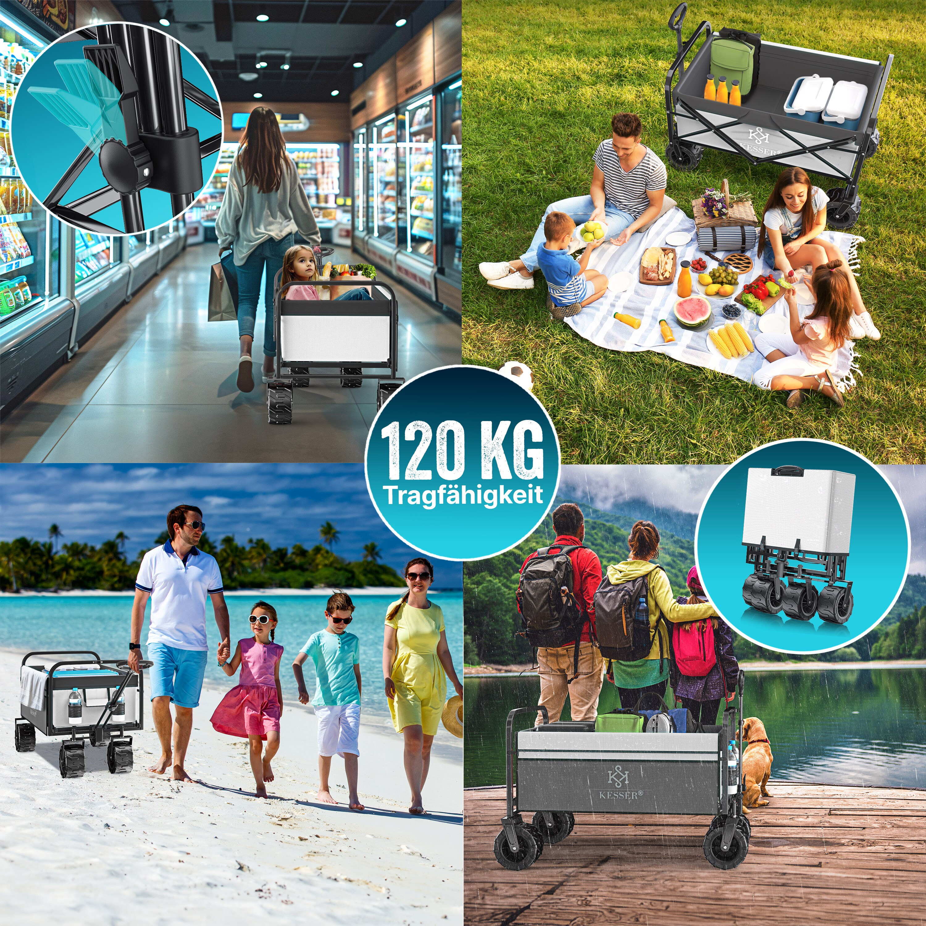 KESSER® Bollerwagen faltbar mit Breite Reifen Handwagen Transportkarre Gerätewagen | inkl. 2 Netztaschen | klappbar | Kunststoff-Reifen | bis 120 kg Tragkraft transportwagen Gartenanhänger